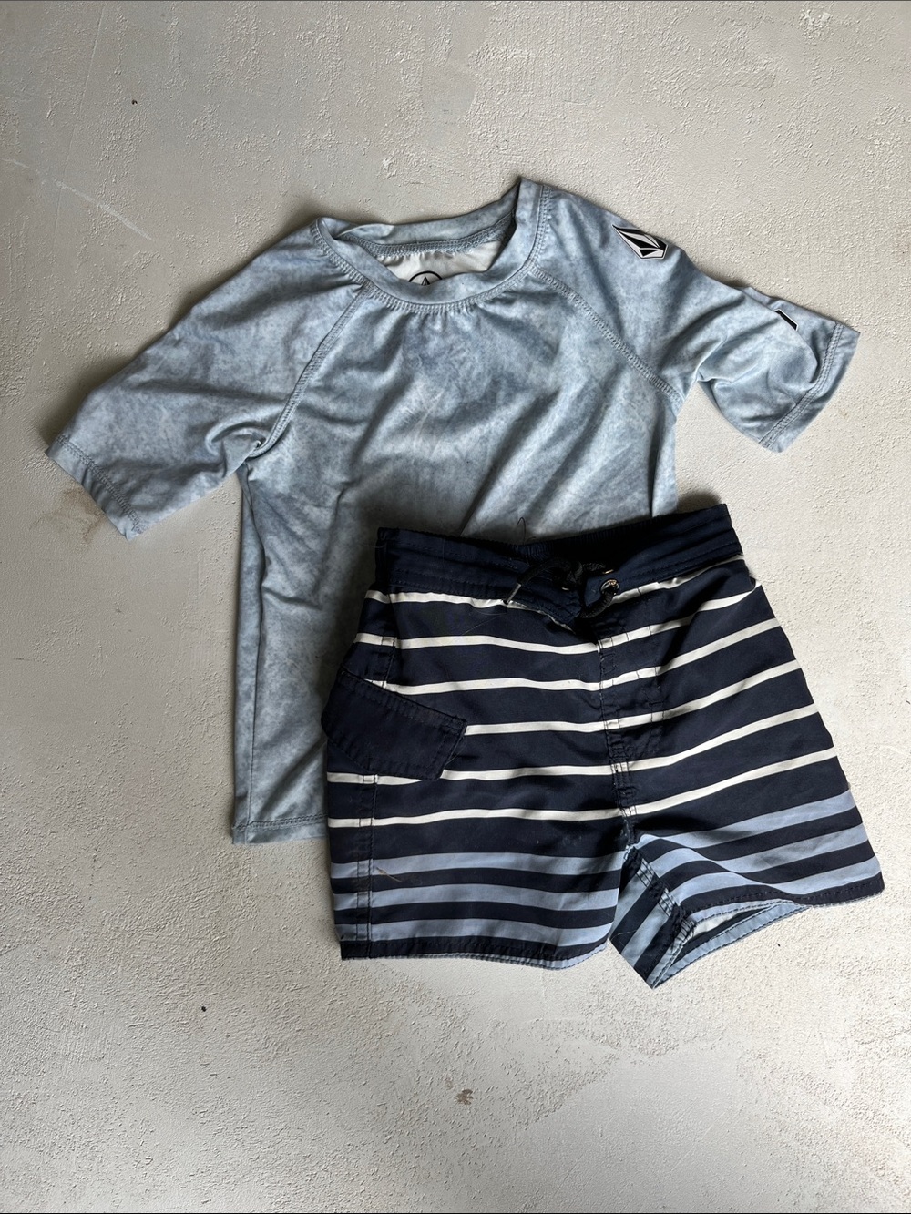 Boys Light Blue Top rash guard & Navy Striped Swim Shorts Set